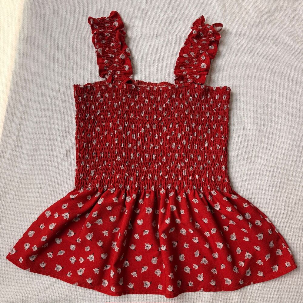Red Smocked Floral Tank Top with Ruffle Straps